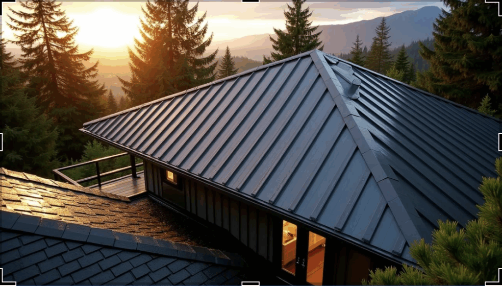 Dark standing seam metal roof on a custom home at sunset, overlooking a forested mountain landscape.